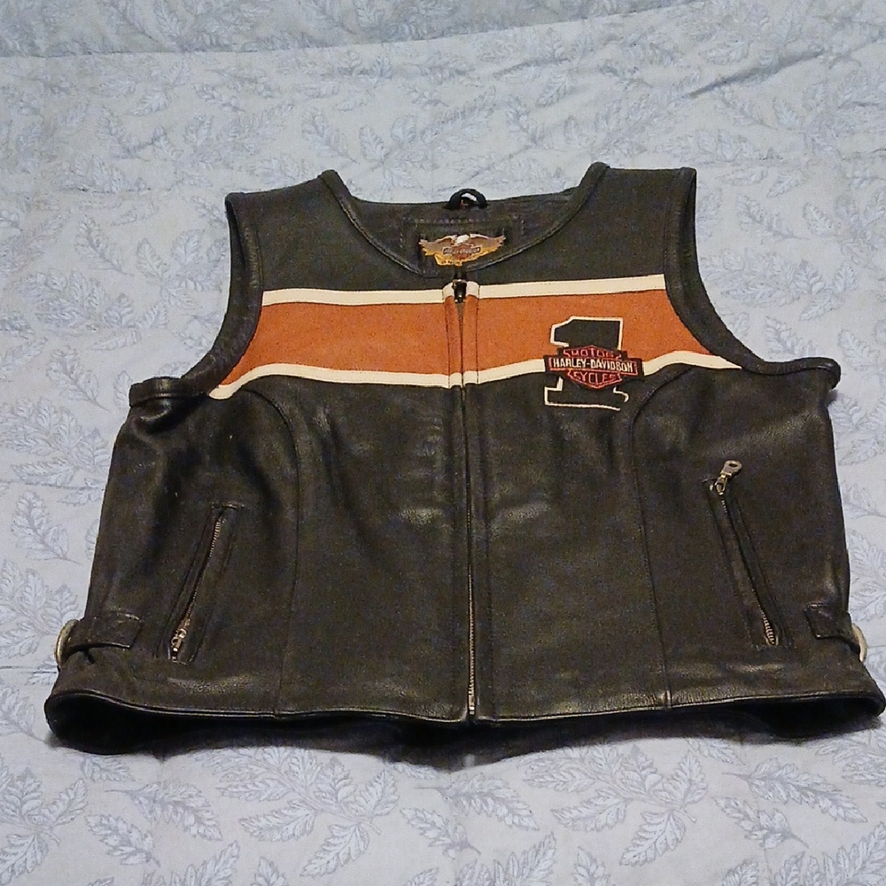 Harley-Davidson Black Leather Vest with Orange and White Chest Stripe